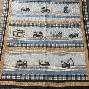 2010 Twin Pottery Barn Kids Striped Construction Trucks Quilt Bed Bedding Boys